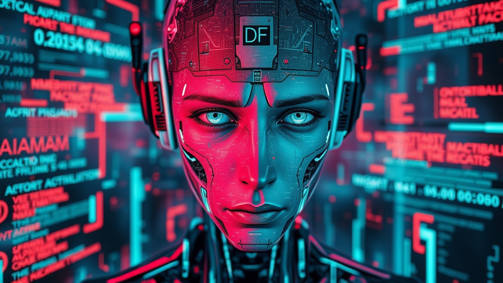 Abstract depiction of AI model hallucinations with a digital AI head surrounded by glitchy, fragmented images and error symbols, macrolens, neon data streams, dramatic shadowing
