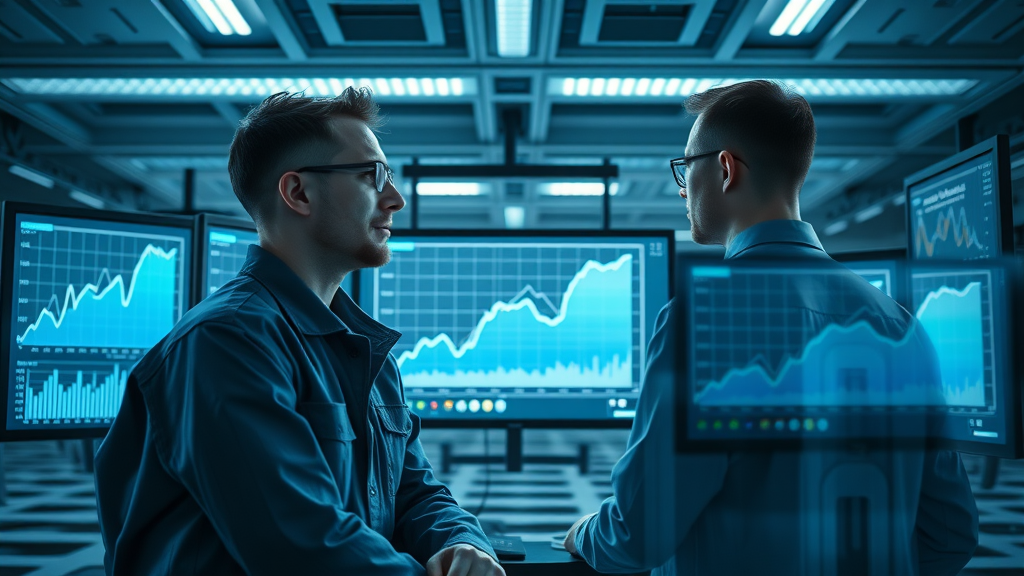 Contrasting scenes of rapid AI growth versus stagnation in a high-tech lab, with engineers reviewing monitors displaying both upward and plateauing growth charts, overhead LED lighting in cool blue and gray tones, cinematic wide-angle shot