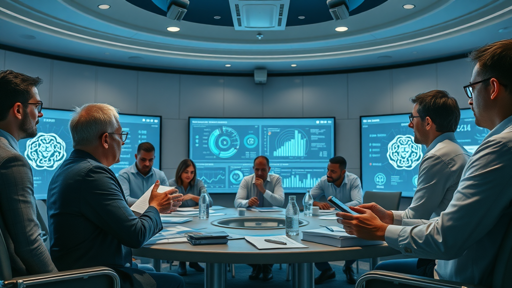 Engaged readers and analysts around a conference table discussing AI predictions with futuristic data displays and large AI projection screens, detailed and dynamic, shot with a 24mm lens