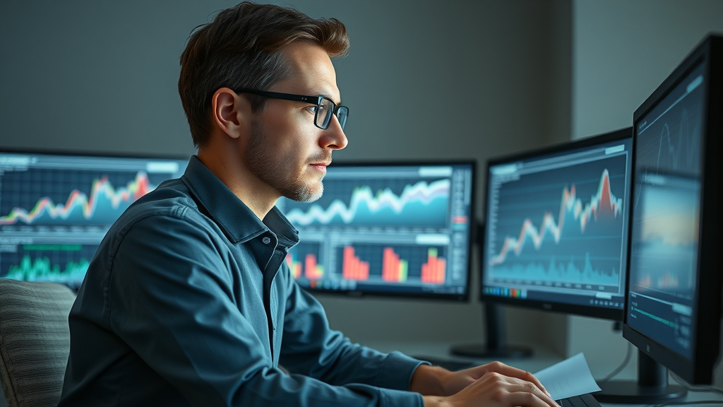 A pensive AI researcher at a computer, contemplating modest upward charts and scientific papers on digital monitors showing slow incremental lines, highly detailed, shot in neutral soft lighting with an 85mm portrait lens