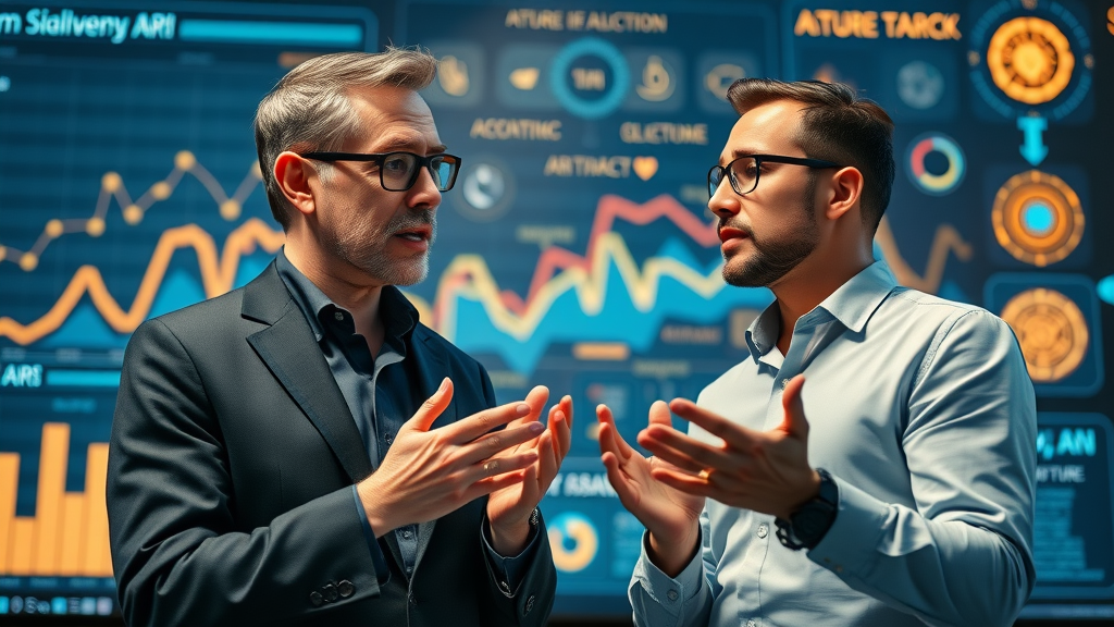 Two experts debating AI future growth, one in academic attire and one as a venture capitalist, rich blue, gold and silver hues, digital charts and AI icons in the background, 85mm lens