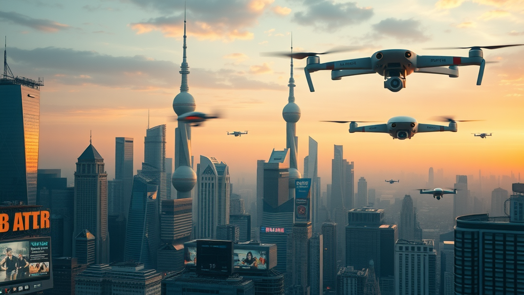 AI future growth potential illustrated by photorealistic futuristic city skyline infused with artificial intelligence technology such as digital billboards, drones, and robots seamlessly integrated into daily life, shot with a 35mm camera lens, warm sunset hues, bustling activity