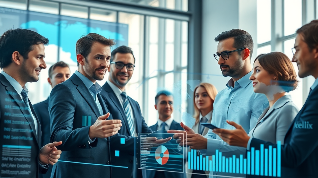 Dynamic global financial market scene featuring business professionals analyzing AI investment charts and digital overlays with global AI investment flows, blue and silver tones, floor-to-ceiling windows, highly detailed