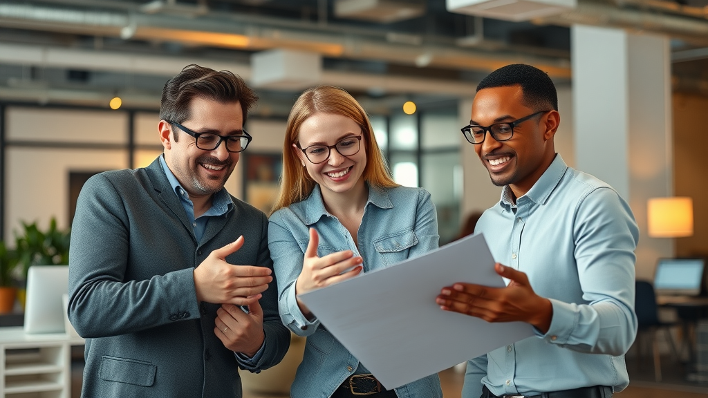 Professionals in creative, strategic, and empathetic roles collaborating confidently in a modern office, earth tones and accent lighting, 35mm lens